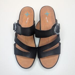 BareTraps Posture+ Laralee Black Wedge Sandals Slides Velcro Strap Size 9.5